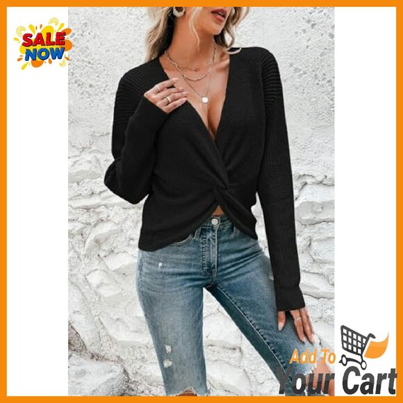 Cropped V-Neck Pullover Sweater, Long Sleeve Twist Knot Top, Soft Knit - Picture 5 of 8